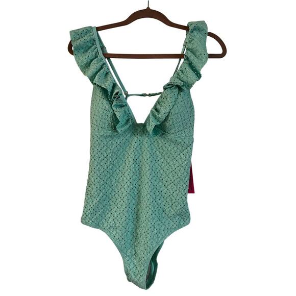Betsey Johnson Other - NWT Betsey Johnson One Piece Swim Suit Eyelet Ruffle Pads Medium Lacy Green